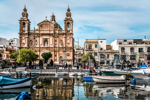 Fishing Boat Harbor In Front Of St Joseph's Church, Msida, Malta