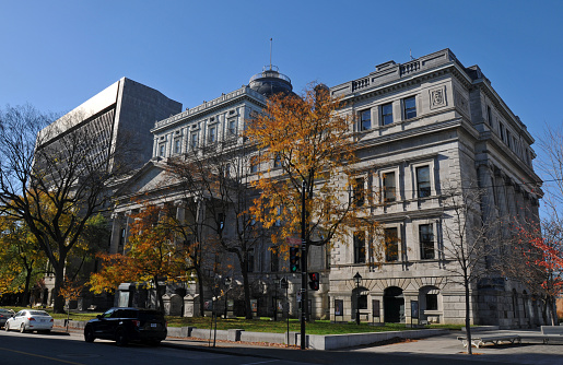 Montreal, QC, Canada, Nov. 8, 2023: The neoclassical Lucien-Saulnier Building, also known as the Old Courthouse, opened in 1856 in Montreal and is temporarily housing city hall functions while that building is renovated.