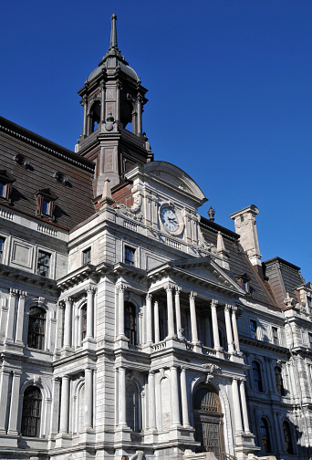 Montreal, QC, Canada, Nov. 8, 2023: Montreal's historic Second Empire-style city hall, originally completed in 1878 and rebuilt after a 1922 fire. French President Charles de Gaulle gave his 