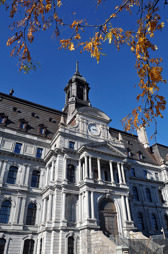 Montreal, QC, Canada, Nov. 8, 2023: Montreal's historic Second Empire-style city hall, originally completed in 1878 and rebuilt after a 1922 fire, is undergoing heritage restoration.