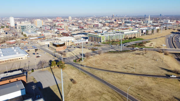 istock Apartment complex, office building in Innovation District Northeast Oklahoma City 1.3 square miles spanning diverse sectors along Centennial Expressway or I-235 Central, highway overpass, exit 2048090592
