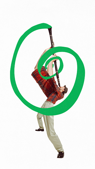 Poster. Modern aesthetic artwork. Man playing clarinet and from musical instrument turns out green swirl of beautiful melody. Concept of music and dance, inspiration. Trendy urban magazine style