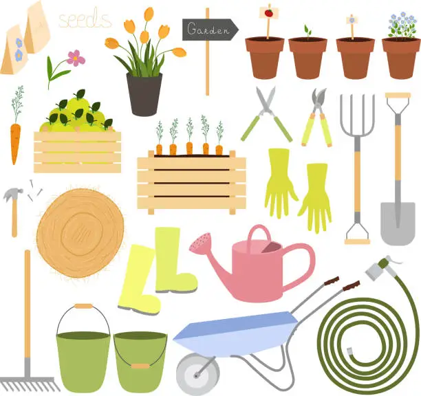 Vector illustration of Vector clip art with gardening equipment and tools water hose, wateering can, shovel, pitchfork, rake, planting pots, garden gloves