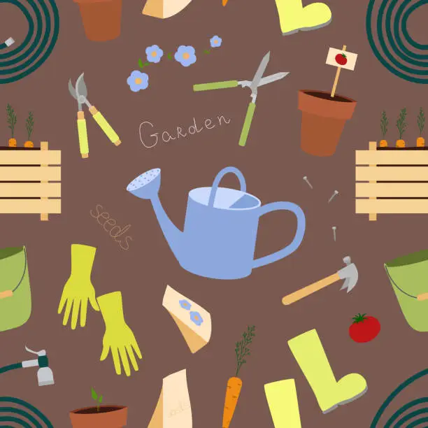 Vector illustration of Seamless pattern with gardening equipment watering can, hedge shears, garden pruners, rubber boots, planting pots