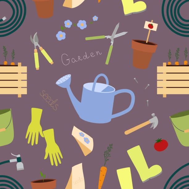 seamless pattern with gardening equipment watering can, hedge shears, garden pruners, rubber boots, planting pots4 - trowel vegetable garden gardening seed点のイラスト素材／クリップアート素材／マンガ素材／アイコン素材