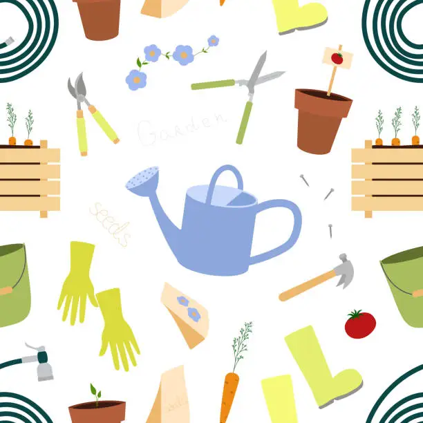 Vector illustration of Seamless pattern with gardening equipment watering can, hedge shears, garden pruners, rubber boots, planting pots