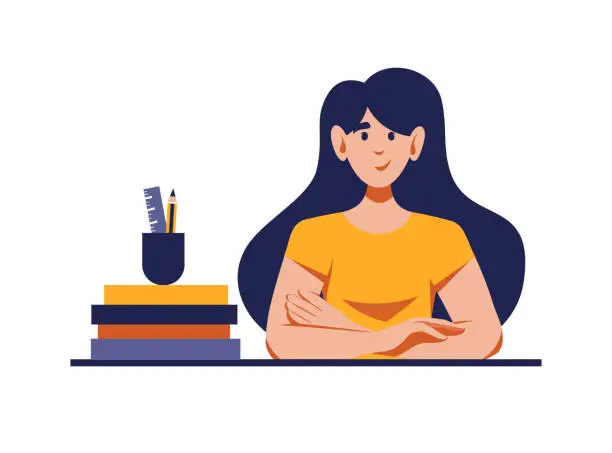 Vector illustration of Girl sitting at desk with books and school supplies,