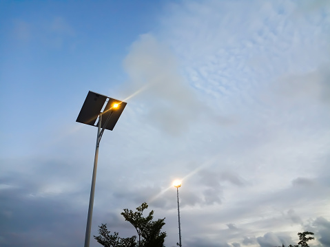 A light with solar power. Solar lights installed in city park.
