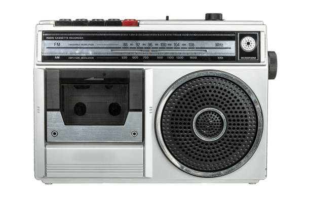 Isolated wide-angle close up of an original 70s radio. 