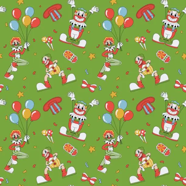 Vector illustration of Seamless pattern with clowns and various circus objects on green background.