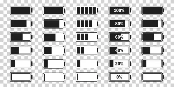 Vector illustration of Level battery energy icon set. Powerfully full and power low up status batteries. Energy reusing concept. Alkaline tags. Battery charging point, charge indicator. Mobile plug. Vector illustration.