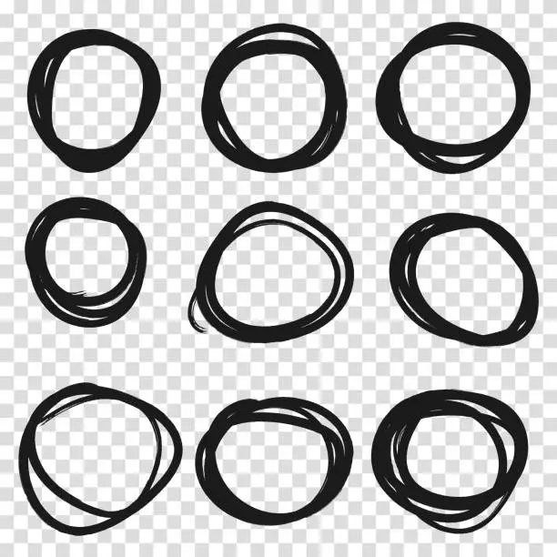 Vector illustration of Set hand drawn pencil or marker round circles line sketch set. Circular scribble doodle oval. Highlight circle frames. For message note mark design element. Vector illustration. Transparent background.