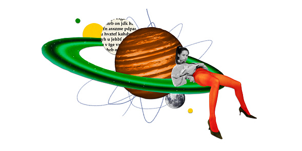 Poster. Contemporary art collage. Woman in bright tights lying on vibrant green rings of planet in outer space. Concept of metaverse, space exploration, astronomy, futurism, technology progress.