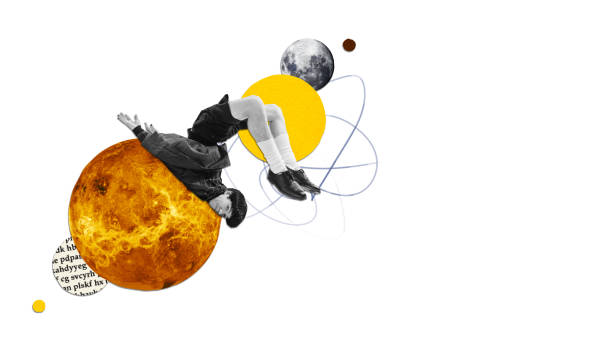 Poster. Contemporary art collage. Young man floating above planet with text elements and moons. Gravitation.
