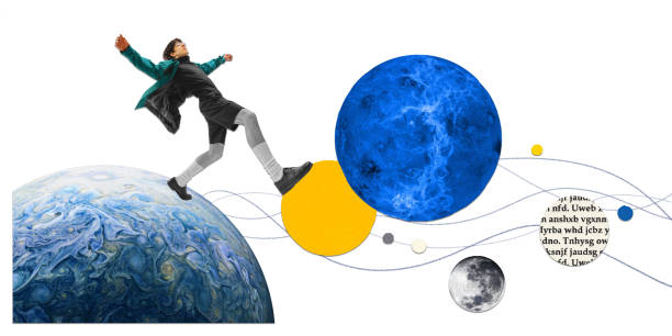 Poster. Contemporary art collage. Man in outer space walking around planet system and discovering new worlds.