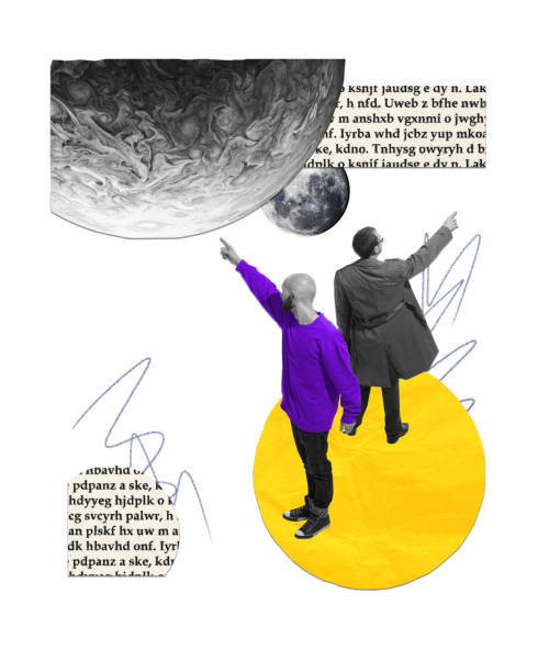 istock Poster. Modern aesthetic artwork. Two men standing on yellow dot pointing to different texts to find out which planet next to them. 2048121557