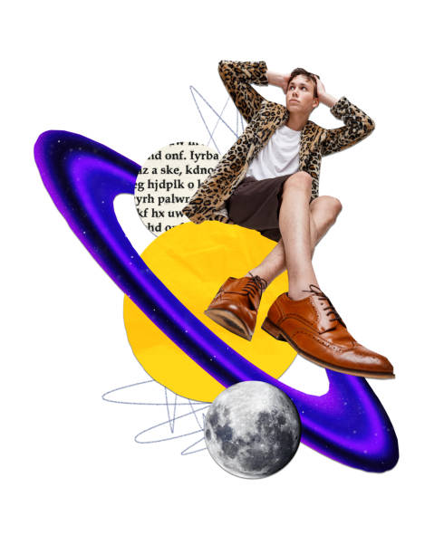 Poster. Modern aesthetic artwork. Surreal composition of a pensive man seated on a stylized comet, near moon, against text.