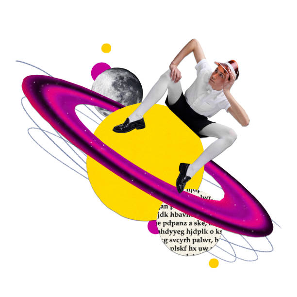 istock Poster. Modern aesthetic artwork. Young confident man, scientist with cap, sitting on cosmic wave near moon and text. 2048121567