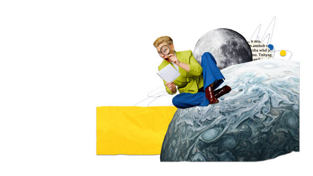 istock Poster. Modern aesthetic artwork. Surprised woman sitting on planet in outer space and looking through magnify on paper with new information. 2048121570
