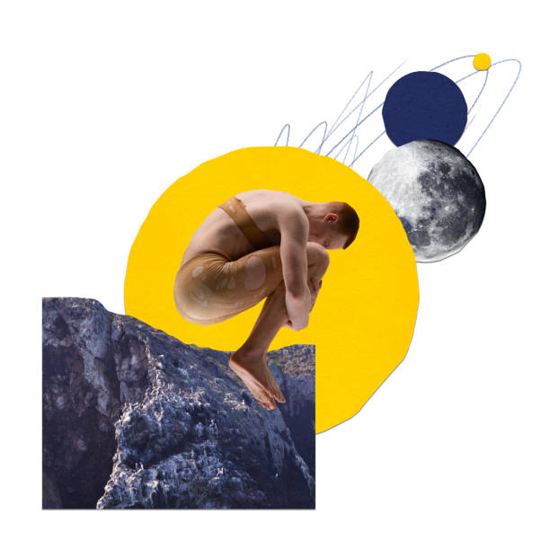 istock Poster. Modern aesthetic artwork. Young man crouching on cliff edge in outer space with celestial bodies. Space exploration. 2048121577