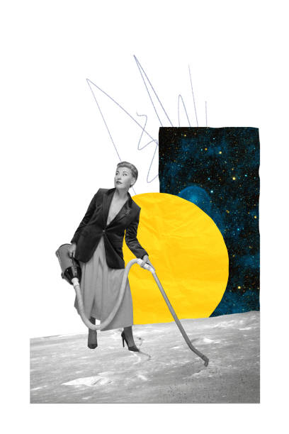istock Poster. Modern aesthetic artwork. Woman in monochrome filter vacuuming planet in outer space. Cosmic dust. 2048121578
