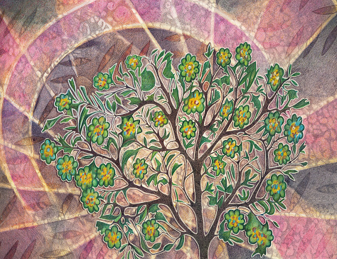 Photo illustration collage of a green, flowering tree set against  a spiraling pink, abstract background.