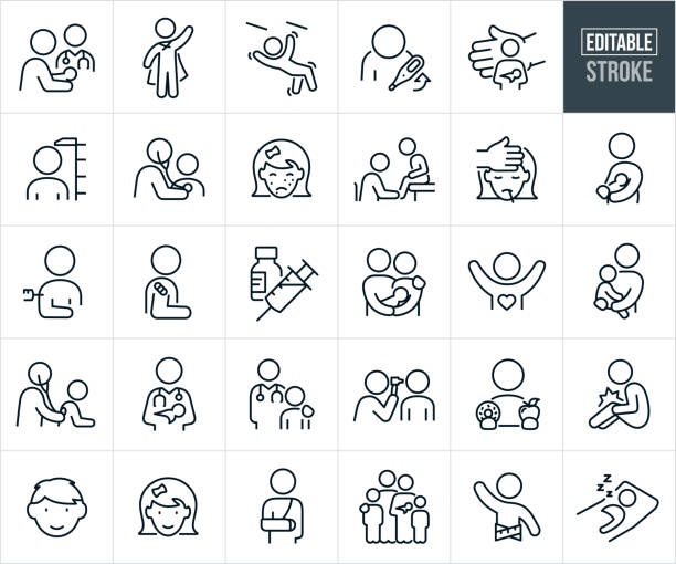 Pediatric Medicine Thin Line Icons - Editable Stroke A set of pediatric medicine icons that include editable strokes or outlines using the EPS vector file. The icons include a mother taking her newborn to the pediatrician, young child wearing a cape pretending to be a superhero, child falling off the monkey bars on a playground, child with a fever, little girl with a fever, child being measured at pediatricians office, pediatrician giving a child a medical check up by using a stethoscope to check his heartbeat, little girl with chickenpox, child getting an injured foot or ankle checked out by a pediatrician, hand protecting a newborn baby and mother, mother holding her newborn baby, child getting a vaccine, child with bandage on arm, vaccination with syringe, young couple holding their baby in their arms, young healthy child with arms raised, mother holding toddler on her hip, pediatrician checking the breathing or lungs of a child by placing a stethoscope on his back, pediatrician holding a newborn in her arms, pediatrician with hand on shoulder of a young patient, pediatrician giving a child an ear exam using an otoscope, child holding a doughnut in one hand and an apple in the other representing healthy eating choices, child with injured painful knee, young boy, young girl, child with a broken arm, family of four, healthy child with tape measure around waist and a child in be getting plenty of sleep. black boy sleeping stock illustrations