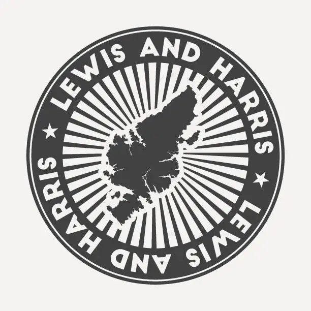 Vector illustration of Lewis and Harris round logo. Vintage travel badge with the circular name and map of island, vector illustration. Can be used as insignia, logotype, label, sticker or badge of the Lewis and Harris.