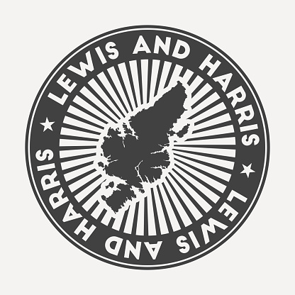 Lewis and Harris round logo. Vintage travel badge with the circular name and map of island, vector illustration. Can be used as insignia, logotype, label, sticker or badge of the Lewis and Harris.