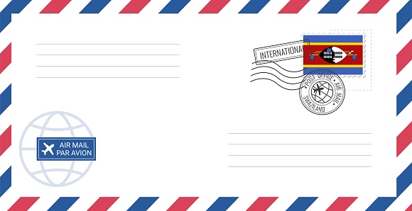 Blank air mail envelope with Swaziland postage stamp. Postcard vector illustration with Swaziland national flag isolated on white background.