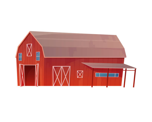 istock Red farm barn, wooden building with with open gate and canopy 2048160626