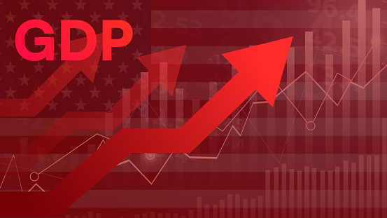GDP of the United States of America, background with arrows going up and waving flag in the backdrop