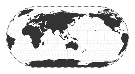 Vector world map. Eckert III projection. Plain world geographical map with latitude and longitude lines. Centered to 120deg W longitude. Vector illustration.