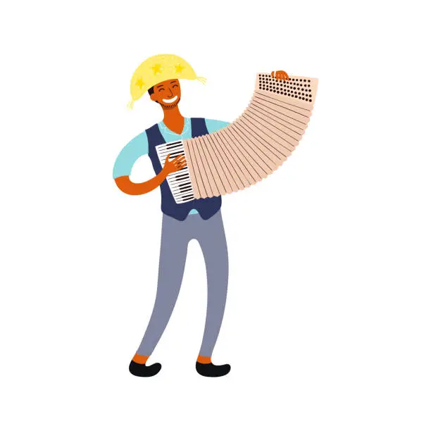 Vector illustration of Festa Junina forro musician, man playing accordion