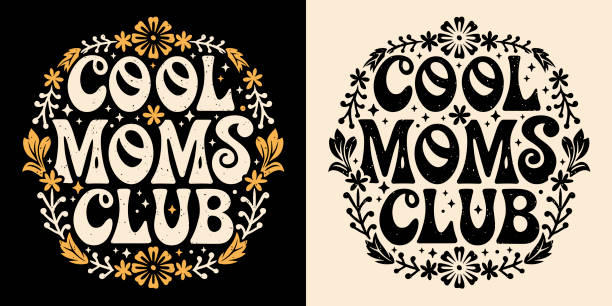 illustrazioni stock, clip art, cartoni animati e icone di tendenza di cool moms club groovy lettering badge shirt design citazioni di amore di sé per i regali per la festa della mamma boho celeste floreale estetico testo vettoriale - mothers day mother flower child