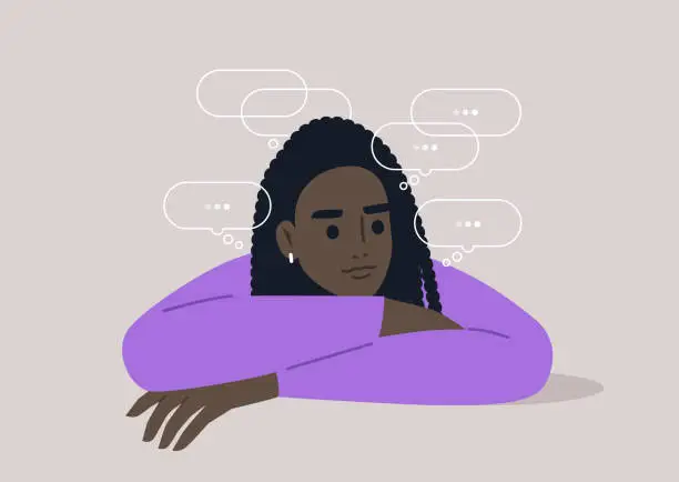Vector illustration of Pensive Moment, A character Lost in Thoughts Amidst Silence, a person deep in contemplation, surrounded by thought bubbles in a hushed ambiance