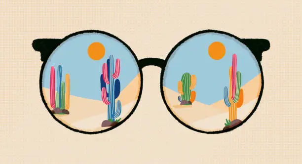 Vector illustration of Adventure with cactuses and deserts illustrations in round glasses. Travel badge for t-shirt print, inspirational poster and motivational design