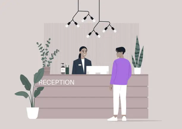 Vector illustration of Serene Welcome at a Modern Reception Desk, A guest approaches a smiling receptionist in a stylish, contemporary lobby