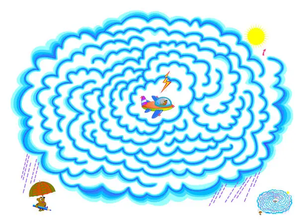 Vector illustration of Best labyrinths. Can you help the plane pilot fly out of the thundercloud? Logic puzzle game. Brain teaser book with maze. Kids activity sheet. Educational page for children. Flat cartoon vector.