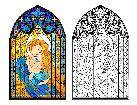 Illustration of the Virgin Mary and Child. Gothic stained glass window. Colorful and black and white drawing for coloring book. Medieval architectural style in Western Europe. Vector image.