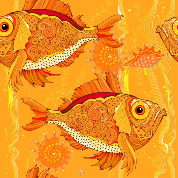 Vector illustration of Seamless pattern ornament. Luxury maritime background with golden fishes and sea waves. Fantasy underwater life. Modern print for design, fabric, banner, embroidery, wallpaper. Vector illustration.