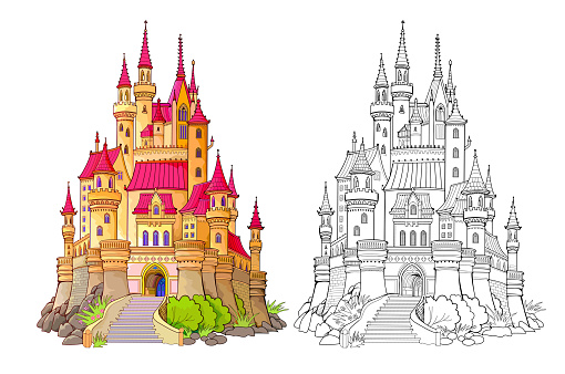 Colorful and black and white template for coloring. Fantasy illustration of a medieval French castle. Ancient architecture. Worksheet for coloring book for children and adults. Flat cartoon vector.
