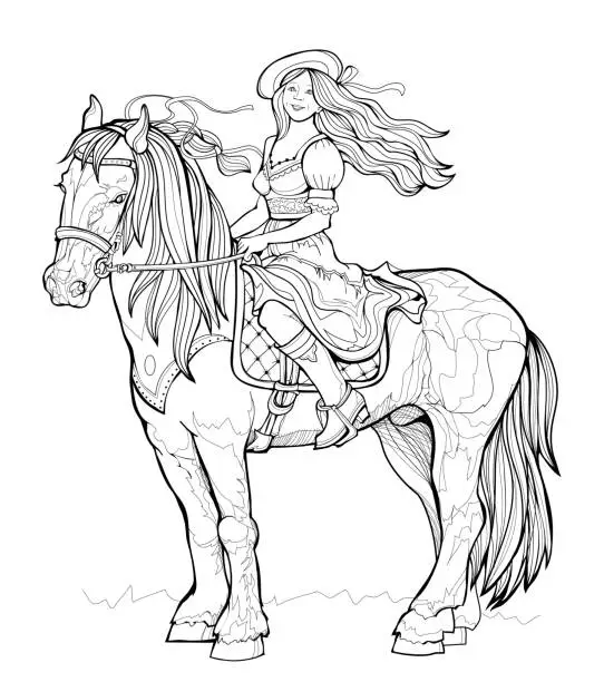 Vector illustration of Coloring book for children and adults. Illustration of beautiful happy girl riding the horse. Printable page for drawing and meditation. Black and white vector template.