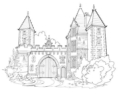 Illustration of ancient medieval castle with gates. Black and white page for kids coloring book. Fairyland fortress. Worksheet for drawing and meditation for children and adults. French architecture.