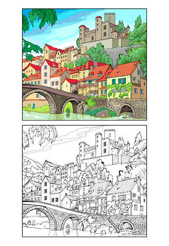 Colorful and black and white image for coloring. Worksheet for coloring book for children and adults. Travel around France. Bridge over canal in Chateaulin. Ancient architecture. Flat cartoon vector