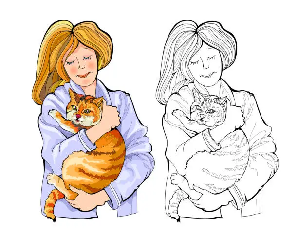 Vector illustration of Colorful and black and white page for kids coloring book. Illustration of beautiful girl hugging her favorite cat. Taking care of animals. Worksheet for children and adults. Flat cartoon vector.