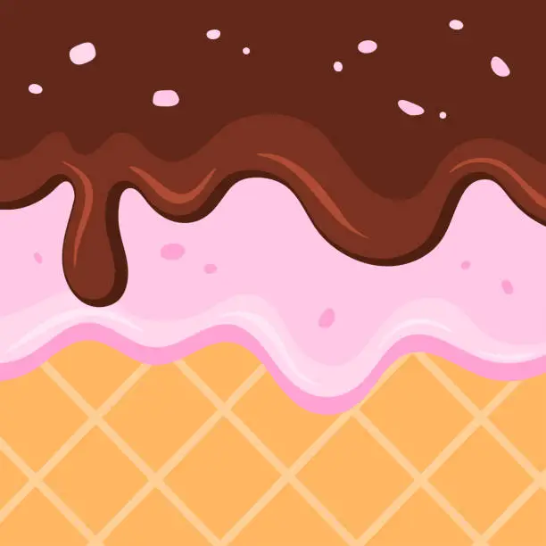 Vector illustration of Melting layers of chocolate and strawberry ice cream on waffle surface background