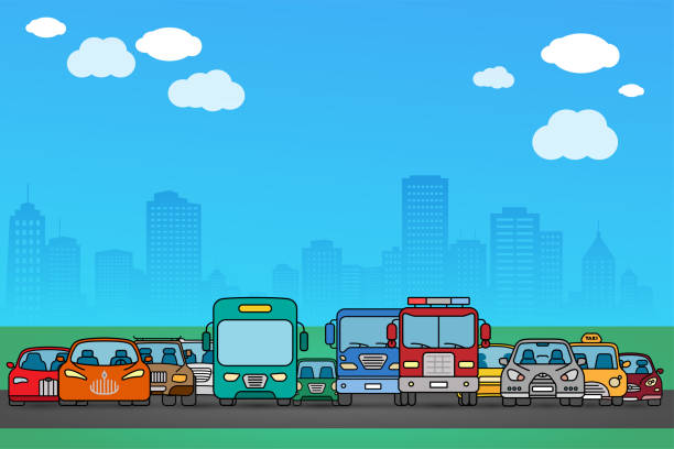 illustrations, cliparts, dessins animés et icônes de ensemble de véhicules. - traffic car street parking