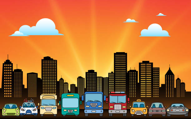 illustrations, cliparts, dessins animés et icônes de ensemble de véhicules. - traffic car street parking