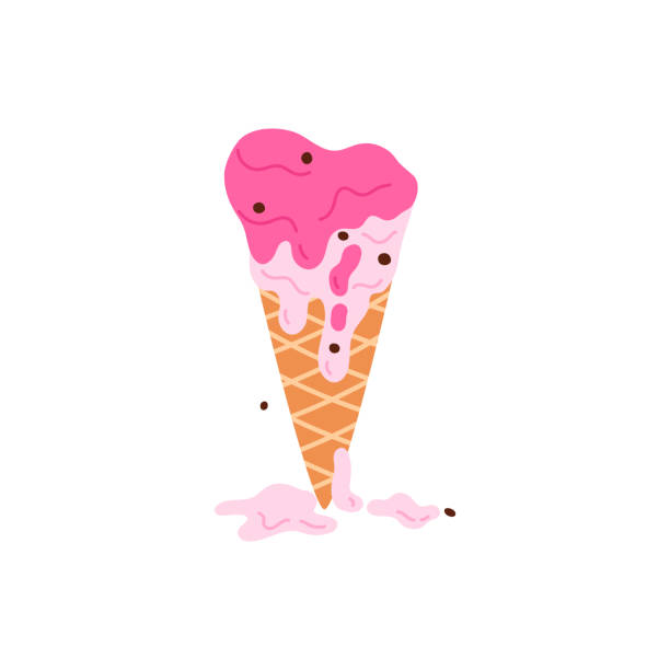 istock Ice cream in waffle cone melting, drops of pink sundae flow down 2048219587